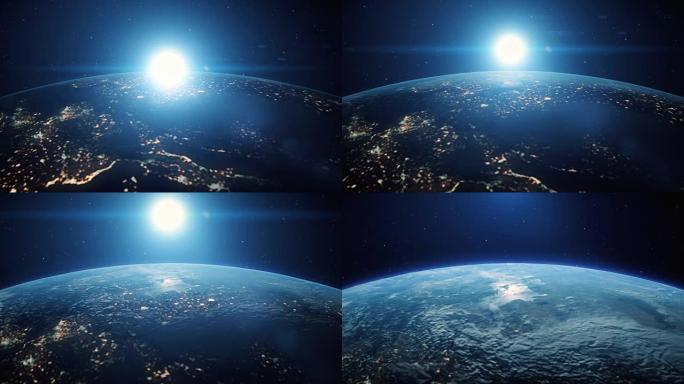 来自太空的蓝色数字太阳在地球上方的日出