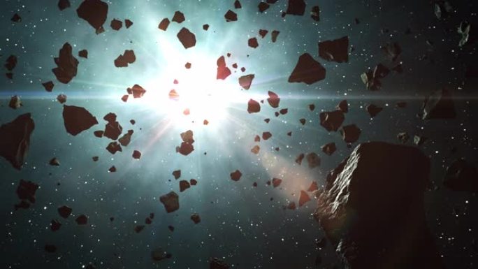 4k。小行星聚集在蓝星的射线中。