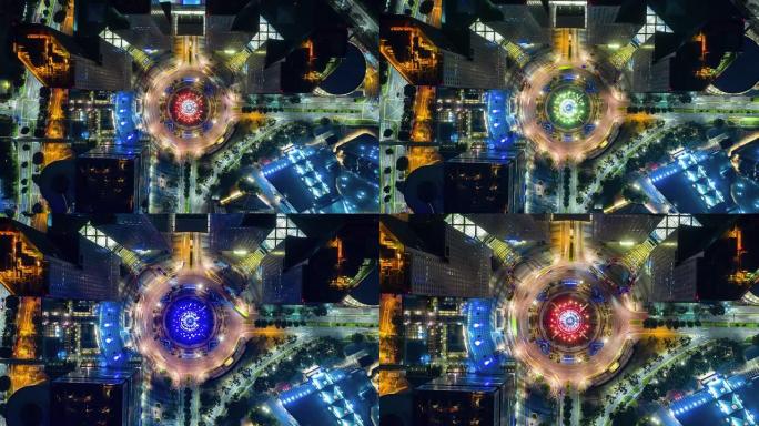 新加坡城市夜间圆形喷泉的俯视图延时交通