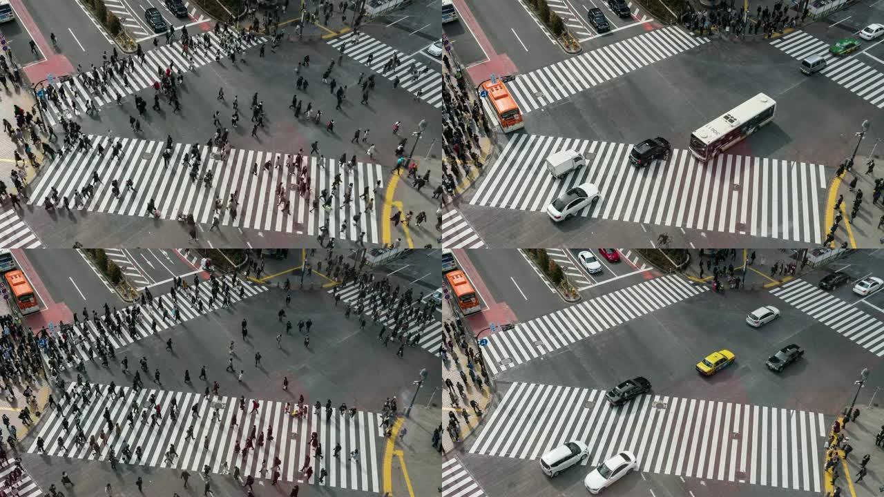 行人的4k时间流逝人群未定义的人步行立交桥日本东京都涩谷区的街道交叉路口。日本文化和购物区概念