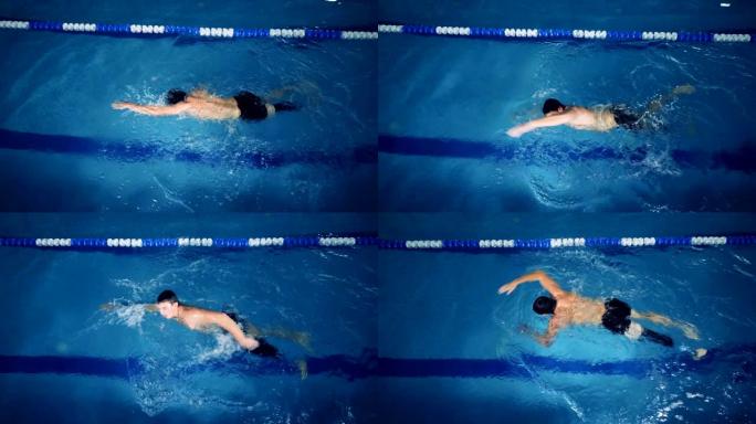 游泳池中假肢的男性游泳者的俯视图