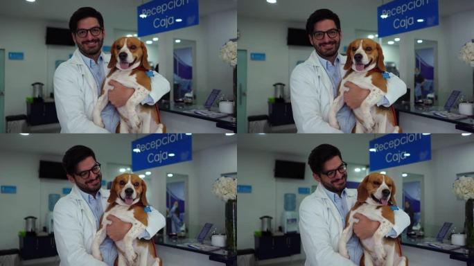 快乐的兽医在诊所里带着一只比格犬，看着相机微笑