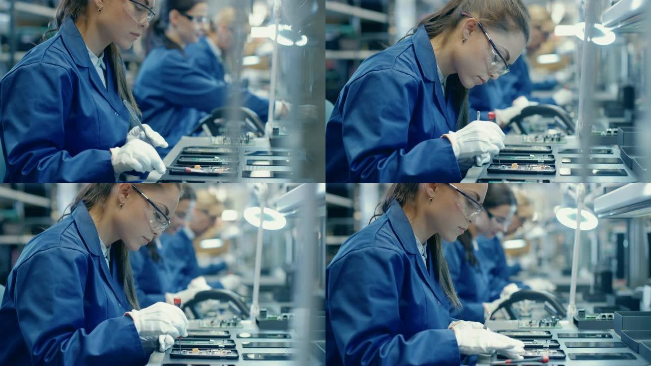 穿着蓝色工作服和防护眼镜的电子工厂女工人正在组装带有镊子和螺丝刀的智能手机。高科技工厂设施，后台有更