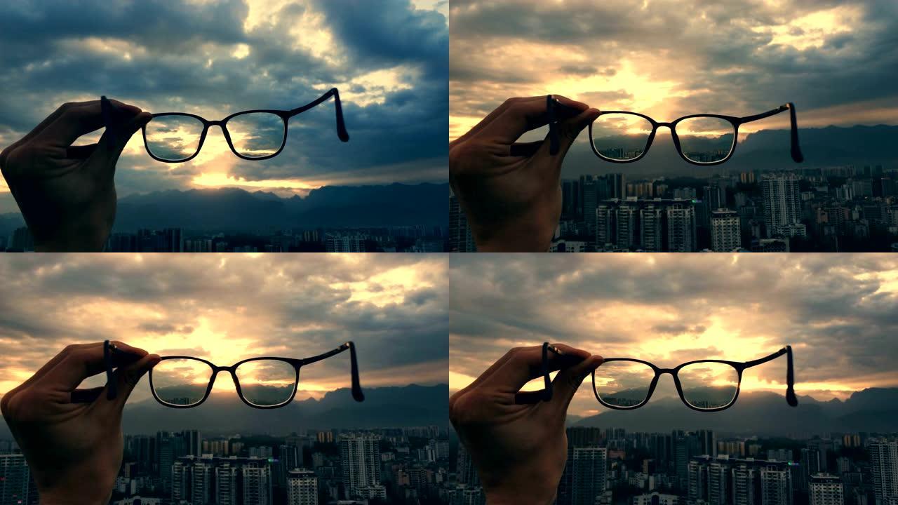 透过眼镜看城市景观