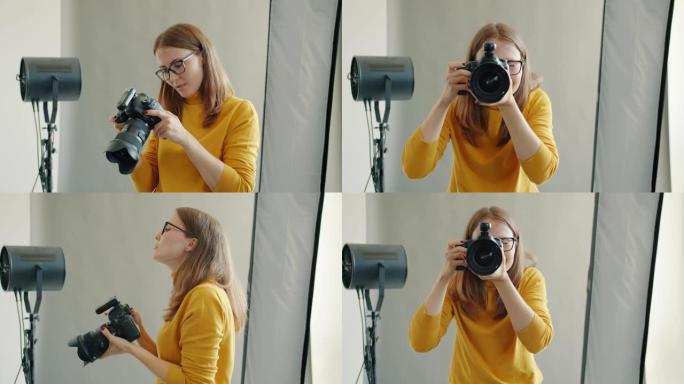 摄影师在摄影棚里拍照的慢动作看着相机