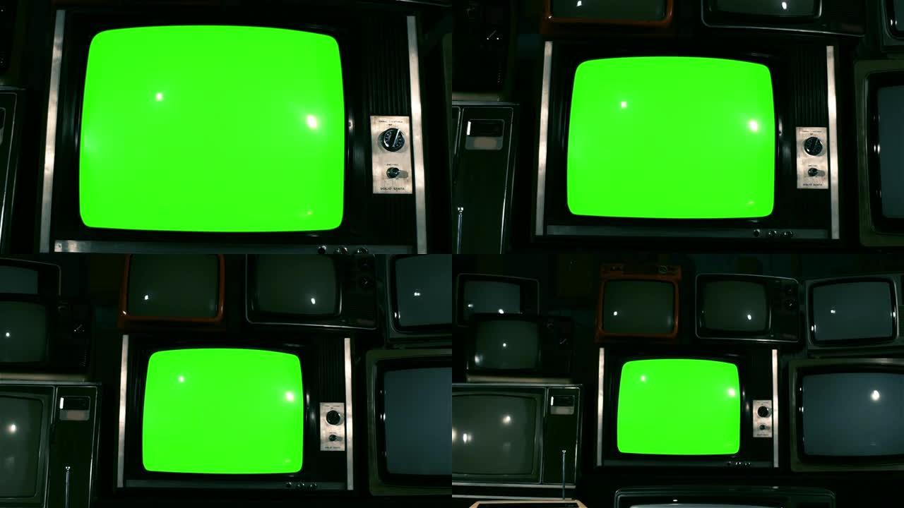 80年代电视绿屏与许多80年代电视。多莉出去了。蓝色钢调。