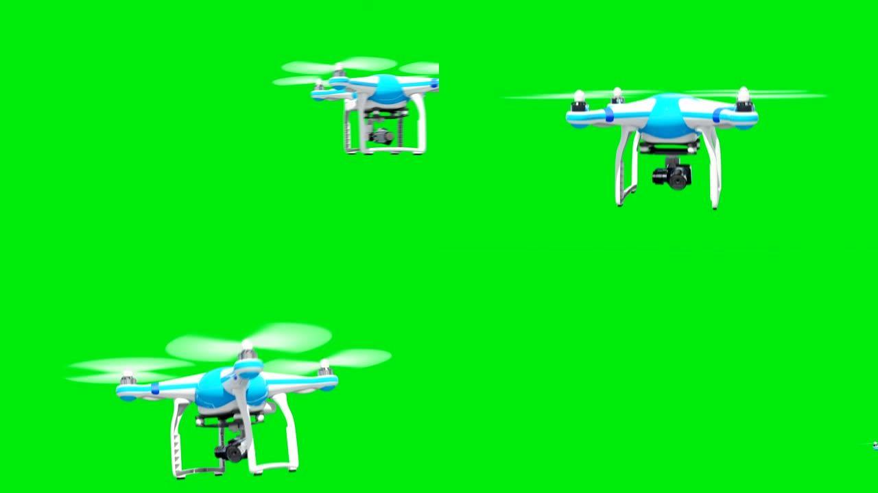 4视频合1。无人机在绿色屏幕上飞行，运动模糊。四轴飞行器飞行3d动画与阿尔法哑光。