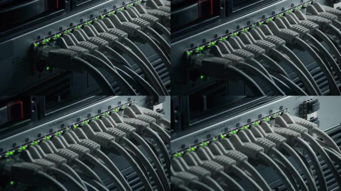 宏拍摄: 以太网数据电缆通过闪烁的灯连接到路由器端口。电信: RJ45互联网连接器插入调制解调器局域