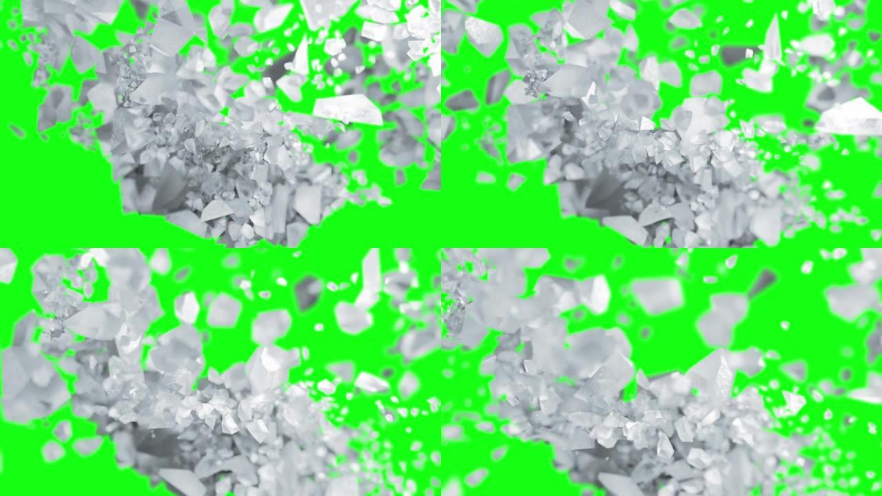 慢动作cg 3d动画中的冰块爆炸，绿屏背景