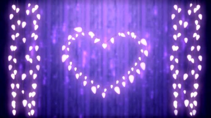 紫色背景上发光的心和童话灯串