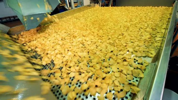 工作输送机在食品工厂移动薯片。
