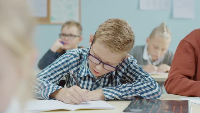 在小学课堂上: 一个戴着眼镜的才华横溢的高加索男孩的肖像写在练习笔记本上。不同群体的聪明儿童学习科学
