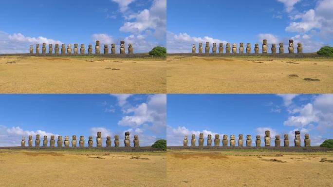 无人机: 晴朗的蓝天下，Rapa Nui上的巨石摩艾雕塑。