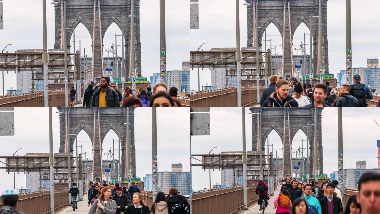 在布鲁克林大桥上行走的行人的延时人群