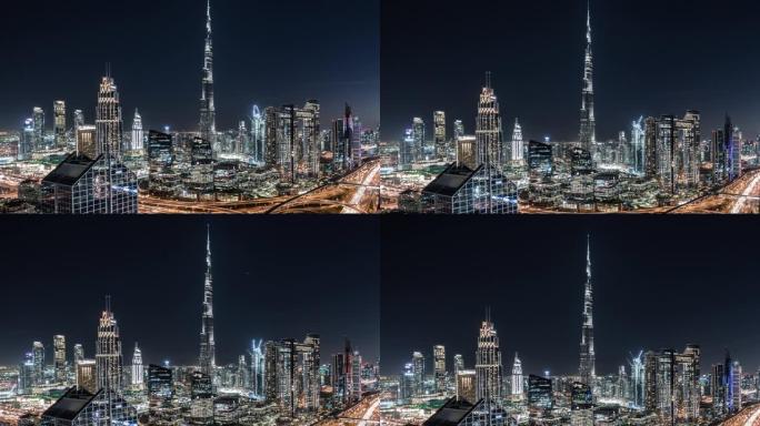 迪拜夜间天际线/迪拜，阿联酋