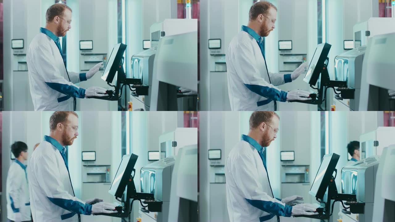 在高科技工厂，女工程师和工人使用计算机对印刷电路板装配线的电子机械进行编程。采用SMT数控技术生产P
