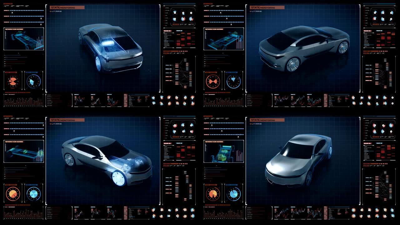 数字未来派显示界面中的旋转电子，混合动力，电池回声汽车。环保未来汽车。4k电影3。