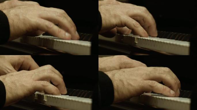 音乐家在弹钢琴。特写。键盘上手指的细节。