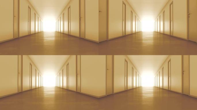 隧道尽头的光。走向光明无缝3d动画。一望无际的走廊，在温暖的光线下关门。