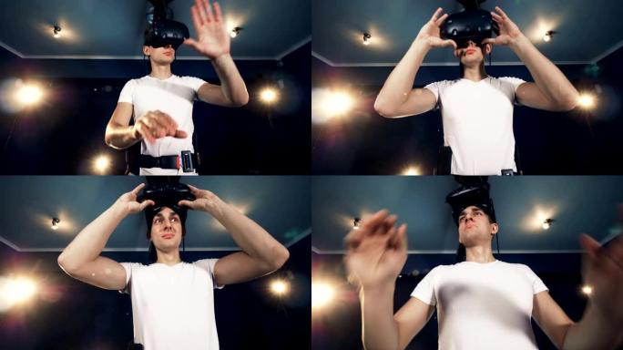 玩家摘下VR眼镜。机器人VR控制论游戏系统。