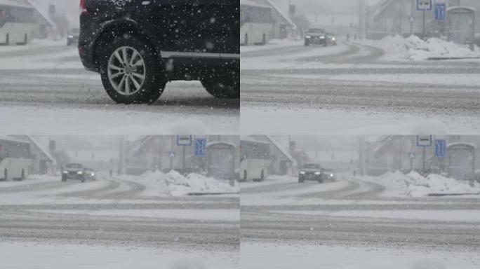 慢动作，dop: 暴风雪期间，车轮将脏雪吐在空中。