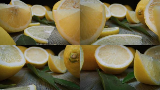在慢动作的木凳上拍摄柠檬的超级宏观幻灯片。