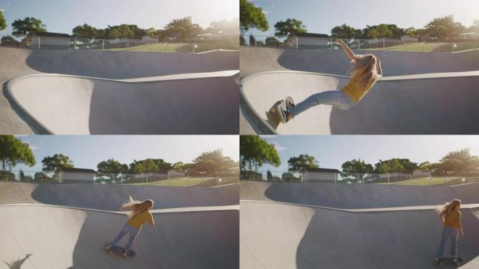 快乐的女孩在滑板上切碎