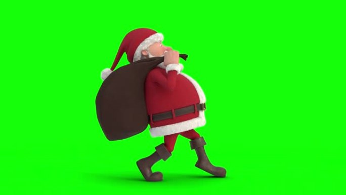 带有礼品袋的圣诞老人在绿屏背景上偷偷摸摸。无缝循环3d动画。侧视图右侧