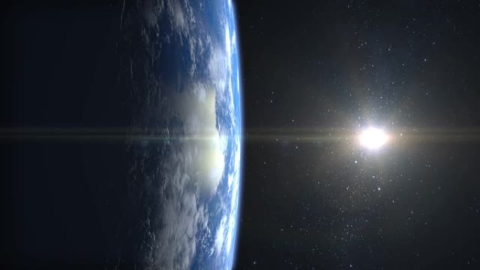 地球。从太空看。摄像机飞离地球。星星闪烁。4K.逼真的氛围。3D体积云。太阳在框架中。地球在屏幕的左