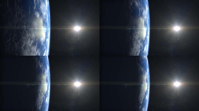 地球。从太空看。摄像机飞离地球。星星闪烁。4K.逼真的氛围。3D体积云。太阳在框架中。地球在屏幕的左