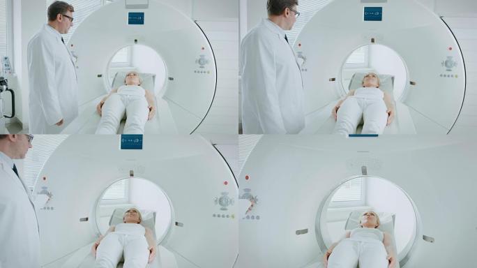 在医学实验室中，放射科医生对接受手术的女性患者进行MRI或CT或PET扫描。高科技现代医疗设备。相机