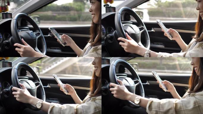 驾驶汽车时在汽车中使用智能手机的女人