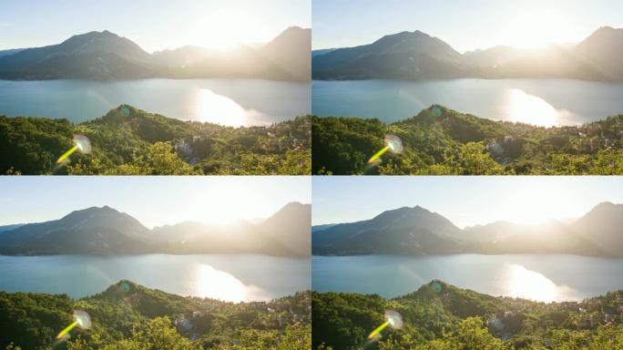 在美丽的晴天，以山脉为背景的湖泊全景