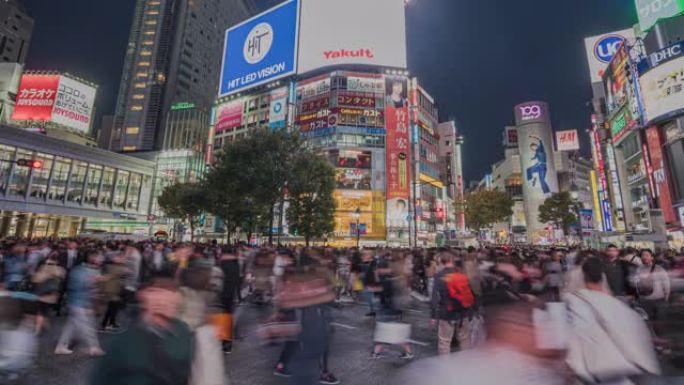 4k分辨率延时拥挤的涩谷人穿越东京市，日本著名的地方，东京旅游景点地标，亚洲城市生活方式