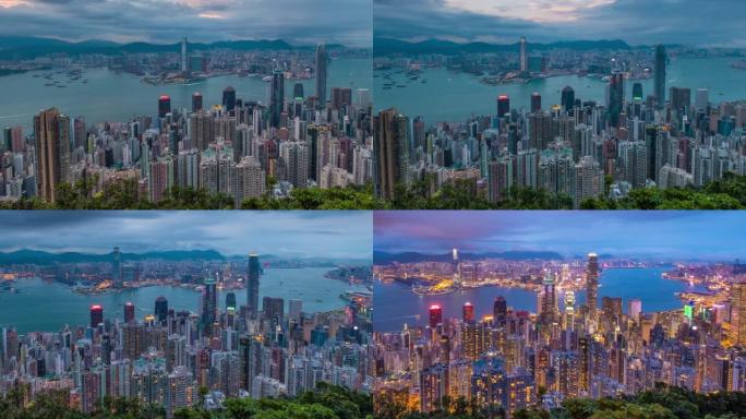 鸟瞰图中区和位于维多利亚港的国际金融中心(国际金融中心大厦)，以及从山顶眺望香港海滨