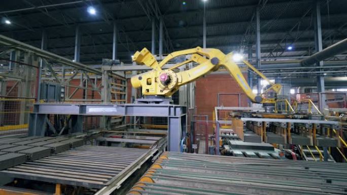 现代工厂机器从设施中的输送机上移动砖块。