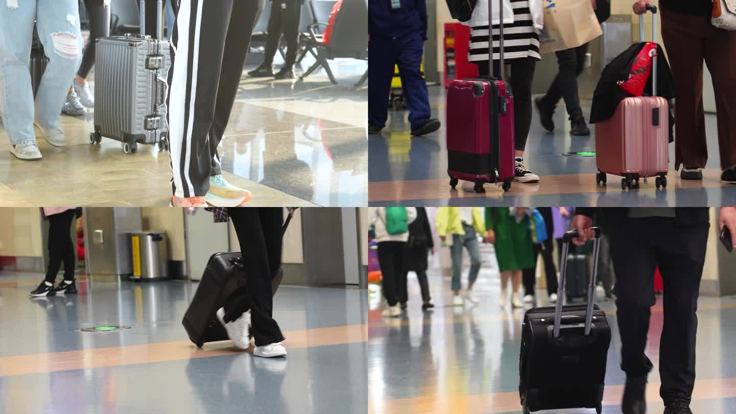 机场旅客，行李箱，脚步特写