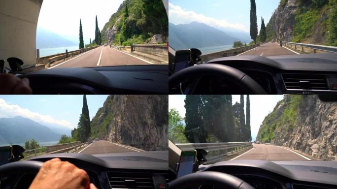 女士POV驾驶汽车穿过意大利加尔达湖桑尼湖的隧道