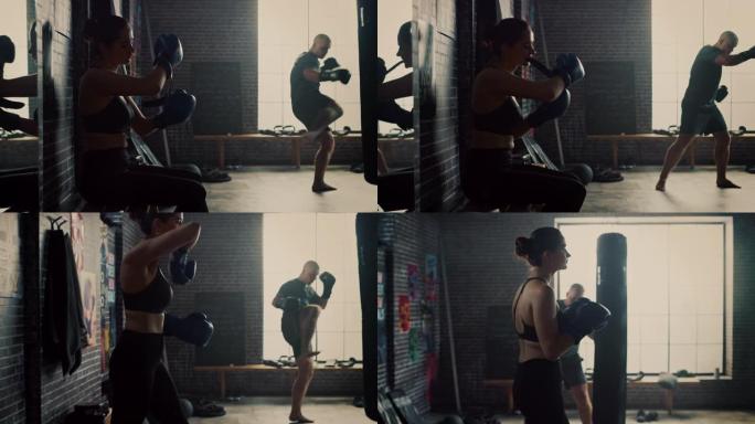 美丽健康的黑发跆拳道运动员坐在阁楼健身房的长凳上，拿着励志海报。她戴上了蓝色的战斗手套。女人站起来，