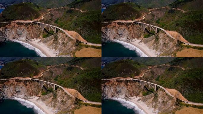 美丽的电影空中拍摄史诗著名的比克斯比峡谷大桥和加州大苏尔1号公路夏季风景。