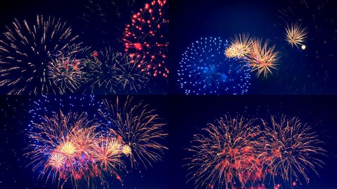 五颜六色的烟花在夜空中闪耀。新年快乐理念。