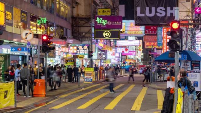 延时: 香港旺角购物街弥敦道夜间行人游客