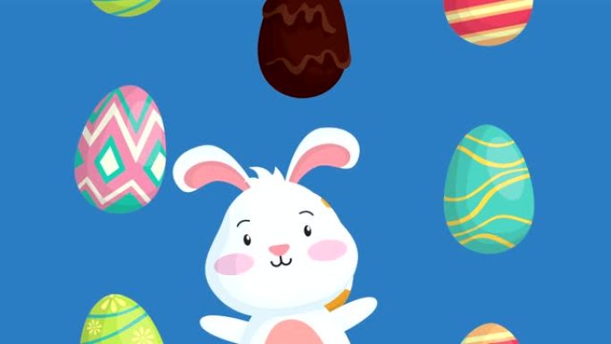快乐复活节动画卡片，画可爱的兔子和鸡蛋