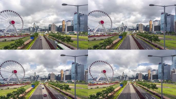 4K UHD延时: 香港中区的摩天轮和城市现代城市景观背景。