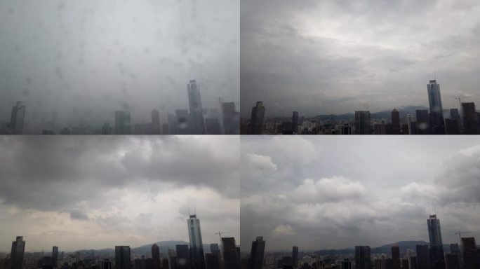天空云朵流动延时城市摩天大楼下雨