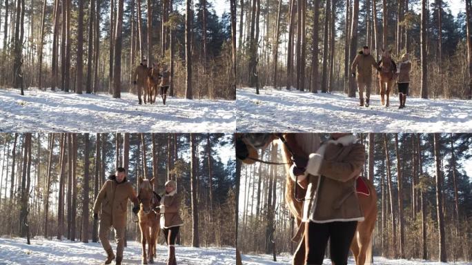 欢乐的夫妇在树林中与马聊天和散步