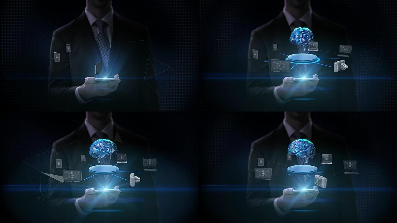 商人点击智能手机，移动，各种连接 “数字大脑” 人工智能的移动设备。4k电影。