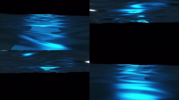 慢动作中的透明清水线充满了屏幕。水的飞溅和波浪的慢动作，液体表面波关闭。孤立黑色背景上的无缝循环3d