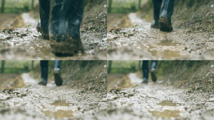 走在土路上山路山路泥泞雨天行走