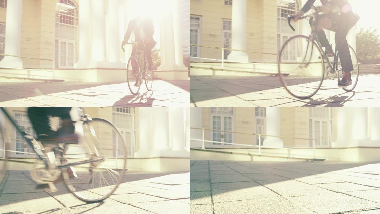 骑自行车绕过早上的交通
